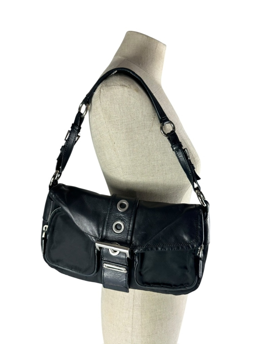 Vintage PRADA Tessuto Nylon Buckle Black Leather Shoulder Bag Exterior Pockets
